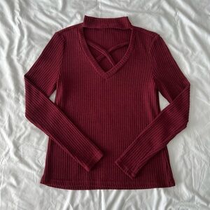 Maroon Crisscross Choker Neck Ribbed Knit Long Sleeve